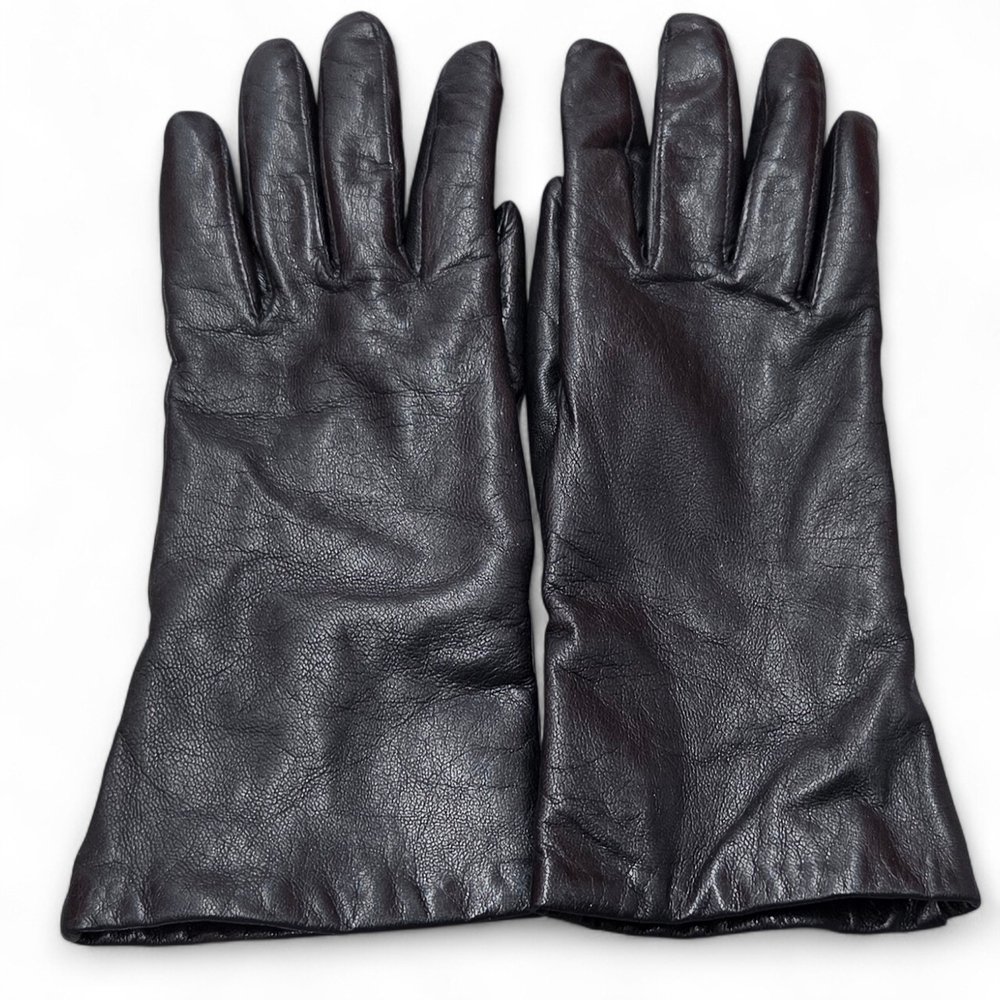 Vtg Isotoner Ladies Black Leather and Brown Cashmere Knit Gloves Size 7 Sm/Med**